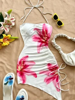 Night Out Dresses White Floral Print Sleeveless Straps Neck Backless Summer Dress