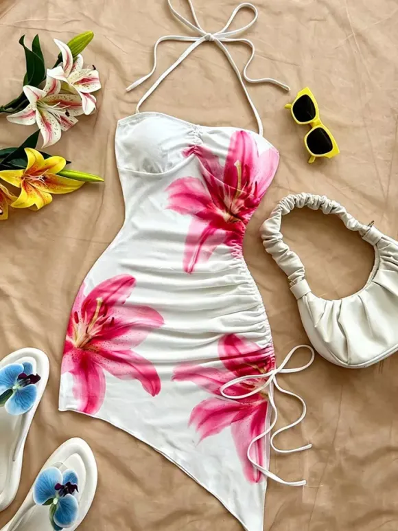 Night Out Dresses White Floral Print Sleeveless Straps Neck Backless Summer Dress