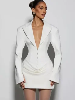 Notched Lapel Ruched Long Sleeve Bodycon Blazer Mini Dress For Women 2026