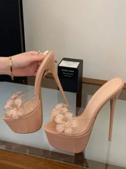 Nude Sexy Sandals Platform Open Toe Floral Detail Backless Sandal Slippers