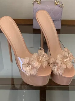 Nude Sexy Sandals Platform Open Toe Floral Detail Backless Sandal Slippers