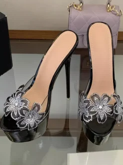 Nude Sexy Sandals Platform Open Toe Floral Detail Backless Sandal Slippers
