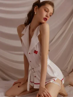 Nurse Costume Sexy Halloween White Women's Polyester Color Block Set Hat Dress