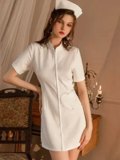 Nurse Costume Sexy Halloween White Women's Polyester Hearts Pattern Dress T-back