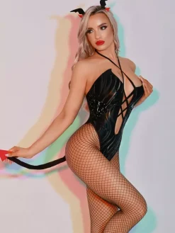 Nurse Costume Sexy Halloween Black Women's PU Leather Jumpsuit Pantyhose