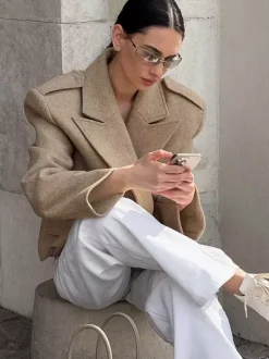 Oatmeal Wide Lapel Women's Short Blazer - Padded Shoulder Boxy Fit Jacket - Chic Spring Street Outfits 2026