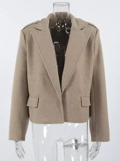 Oatmeal Wide Lapel Women's Short Blazer - Padded Shoulder Boxy Fit Jacket - Chic Spring Street Outfits 2026