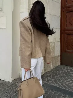 Oatmeal Wide Lapel Women's Short Blazer - Padded Shoulder Boxy Fit Jacket - Chic Spring Street Outfits 2026