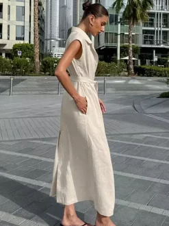 Oatmeal Linen Cotton Blend Women's Shirt Dress - Sleeveless Notched Lapel Long Dress With Pocket - Elegant Belted Summer Office Wear 2026