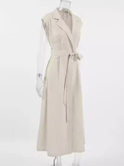 Oatmeal Linen Cotton Blend Women's Shirt Dress - Sleeveless Notched Lapel Long Dress With Pocket - Elegant Belted Summer Office Wear 2026