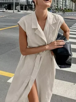 Oatmeal Linen Cotton Blend Women's Shirt Dress - Sleeveless Notched Lapel Long Dress With Pocket - Elegant Belted Summer Office Wear 2026