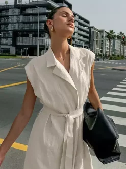 Oatmeal Linen Cotton Blend Women's Shirt Dress - Sleeveless Notched Lapel Long Dress With Pocket - Elegant Belted Summer Office Wear 2026