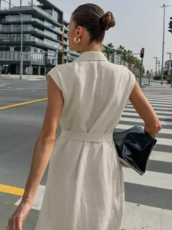 Oatmeal Linen Cotton Blend Women's Shirt Dress - Sleeveless Notched Lapel Long Dress With Pocket - Elegant Belted Summer Office Wear 2026