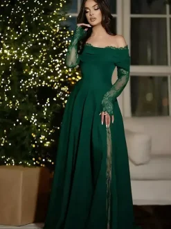 Off Shoulder Eyelash Lace Long Sleeve Slit A-Line Maxi Evening Gown