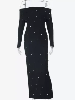 Off Shoulder Women's Maxi Dress - Elegant Pearl Beaded Back Slit Black Bodycon - Spring Party Wear 2026