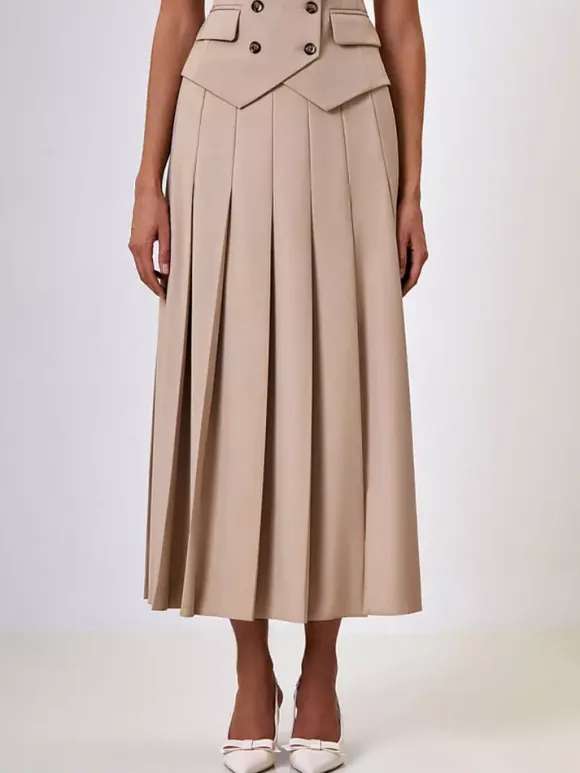 Office Two Piece Co-ord Set For Women Double-breasted Lapel Vest And Pleated Long Skirt Summer Outfit 2026