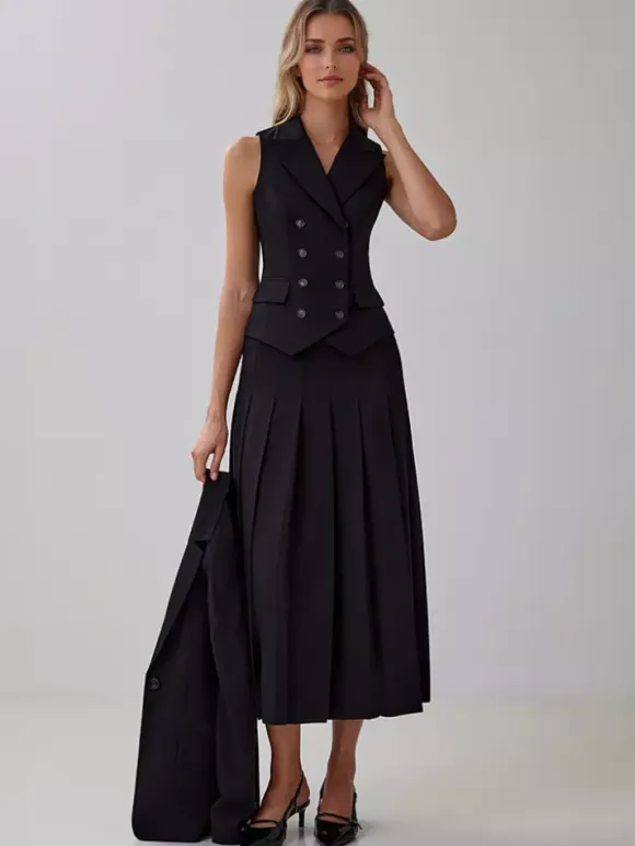 Office Two Piece Co-ord Set For Women Double-breasted Lapel Vest And Pleated Long Skirt Summer Outfit 2026