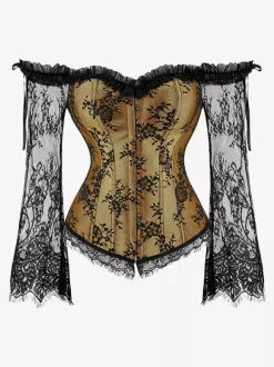 Off Shoulder Floral Lace Long Sleeve Overbust Corset Plus Size Front Hook Back Lace Up Waist Trainer