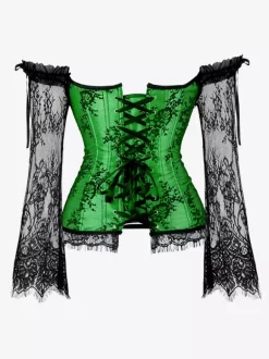 Off Shoulder Floral Lace Long Sleeve Overbust Corset Plus Size Front Hook Back Lace Up Waist Trainer