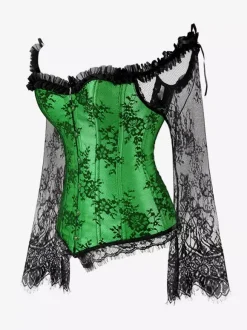 Off Shoulder Floral Lace Long Sleeve Overbust Corset Plus Size Front Hook Back Lace Up Waist Trainer