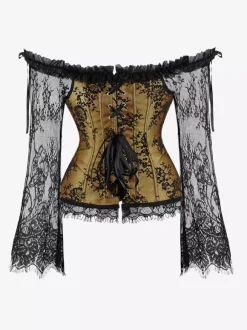 Off Shoulder Floral Lace Long Sleeve Overbust Corset Plus Size Front Hook Back Lace Up Waist Trainer