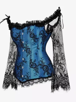 Off Shoulder Floral Lace Long Sleeve Overbust Corset Plus Size Front Hook Back Lace Up Waist Trainer