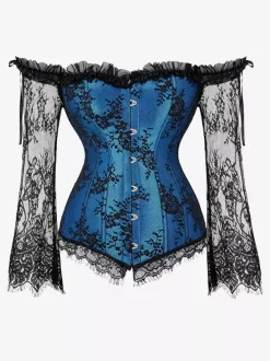 Off Shoulder Floral Lace Long Sleeve Overbust Corset Plus Size Front Hook Back Lace Up Waist Trainer