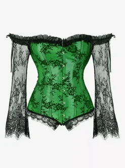 Off Shoulder Floral Lace Long Sleeve Overbust Corset Plus Size Front Hook Back Lace Up Waist Trainer