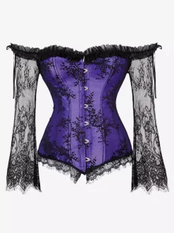 Off Shoulder Floral Lace Long Sleeve Overbust Corset Plus Size Front Hook Back Lace Up Waist Trainer