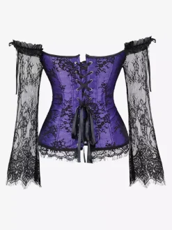 Off Shoulder Floral Lace Long Sleeve Overbust Corset Plus Size Front Hook Back Lace Up Waist Trainer