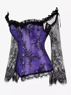 Off Shoulder Floral Lace Long Sleeve Overbust Corset Plus Size Front Hook Back Lace Up Waist Trainer