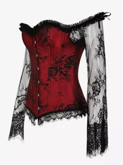 Off Shoulder Floral Lace Long Sleeve Overbust Corset Front Hook Back Lace Up