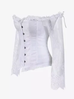 Off Shoulder Floral Lace Long Sleeve Overbust Corset Front Hook Back Lace Up