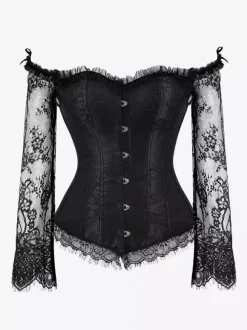Off Shoulder Floral Lace Long Sleeve Overbust Corset Front Hook Back Lace Up