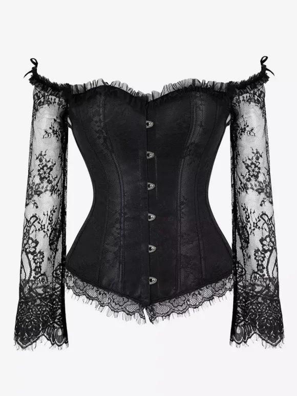 Off Shoulder Floral Lace Long Sleeve Overbust Corset Front Hook Back Lace Up