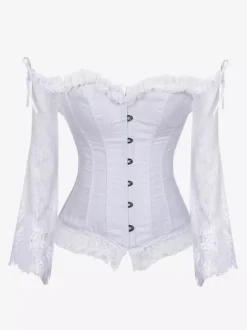 Off Shoulder Floral Lace Long Sleeve Overbust Corset Front Hook Back Lace Up