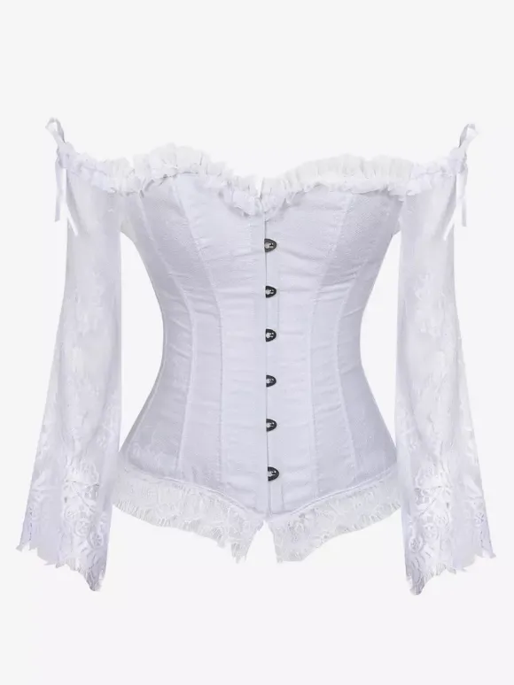 Off Shoulder Floral Lace Long Sleeve Overbust Corset Front Hook Back Lace Up