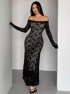 Off Shoulder Lace Long Sleeve Bodycon Maxi Dress For Women 2026