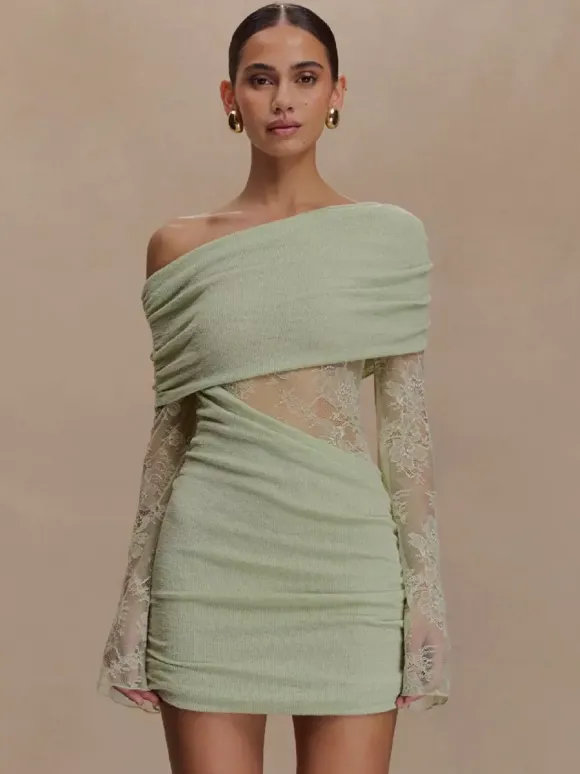 Off Shoulder Lace Long Sleeve Ruched Mini Bodycon Dress For Women 2026