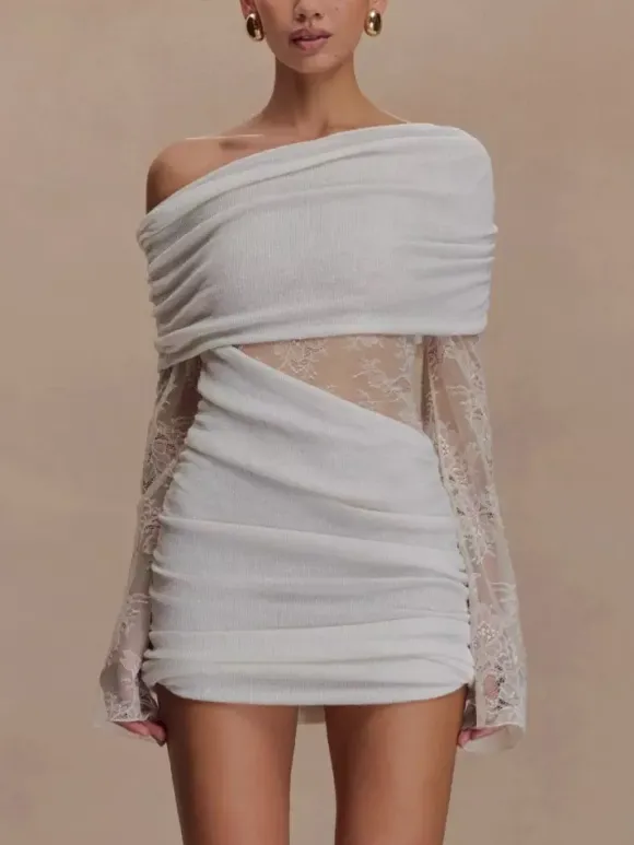 Off Shoulder Lace Long Sleeve Ruched Mini Bodycon Dress For Women 2026