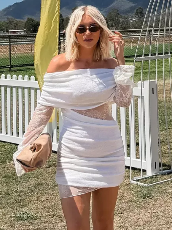 Off Shoulder Lace Long Sleeve Ruched Mini Bodycon Dress For Women 2026