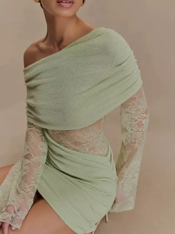 Off Shoulder Lace Long Sleeve Ruched Mini Bodycon Dress For Women 2026