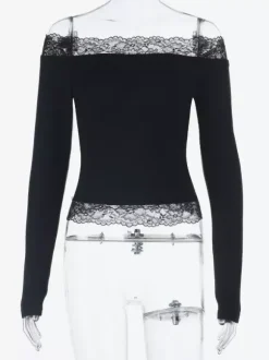Off Shoulder Lace Trim Crop Top For Women - Long Sleeve Slim Fit Y2K Blouse - Spring Streetwear 2026