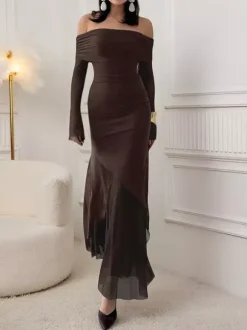 Off Shoulder Maxi Dress For Women - Brown Elegant Ruched Sheer Mesh Sleeve - Spring Party Wear 2026