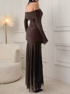 Off Shoulder Maxi Dress For Women - Brown Elegant Ruched Sheer Mesh Sleeve - Spring Party Wear 2026