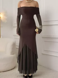 Off Shoulder Maxi Dress For Women - Brown Elegant Ruched Sheer Mesh Sleeve - Spring Party Wear 2026