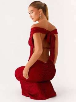 Off Shoulder Maxi Gown For Women - Textured Backless Bodycon Mermaid Dress - Summer Evening Wedding Guest 2026