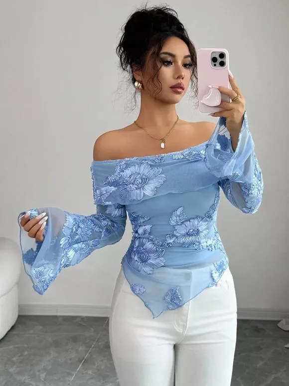 Off Shoulder Mesh Long Sleeve Top With 3D Floral Embroidery For Women 2026