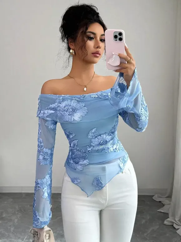 Off Shoulder Mesh Long Sleeve Top With 3D Floral Embroidery For Women 2026