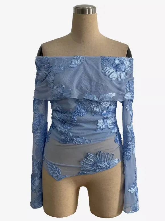 Off Shoulder Mesh Long Sleeve Top With 3D Floral Embroidery For Women 2026